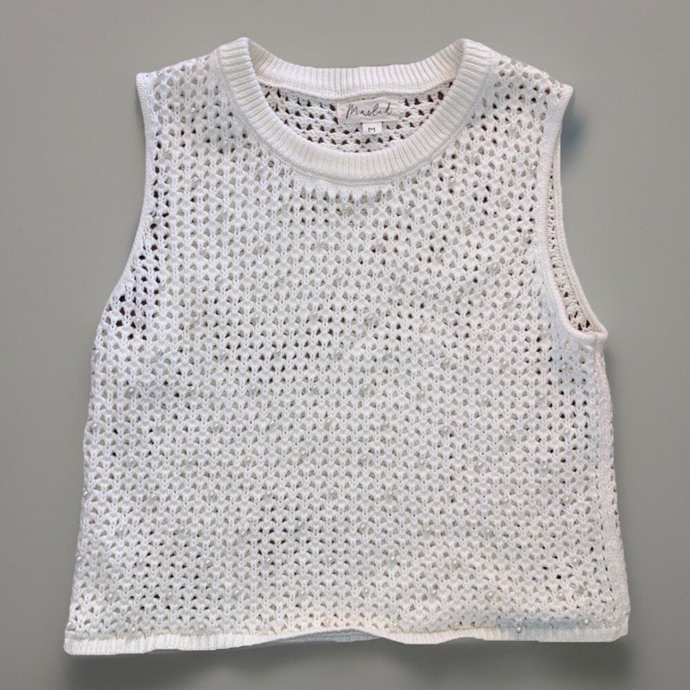Marled Women's M White Open Knit Sleeveless Beaded Faux Pearls Sweater